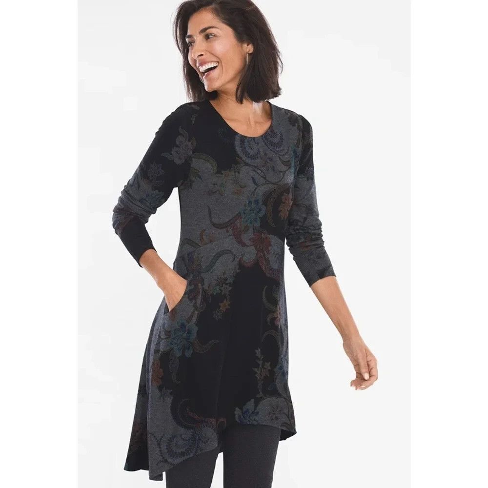 Chicos Tunic Top Womens 3 XL Gray Paisley Print Button Back High Low Knit Flared